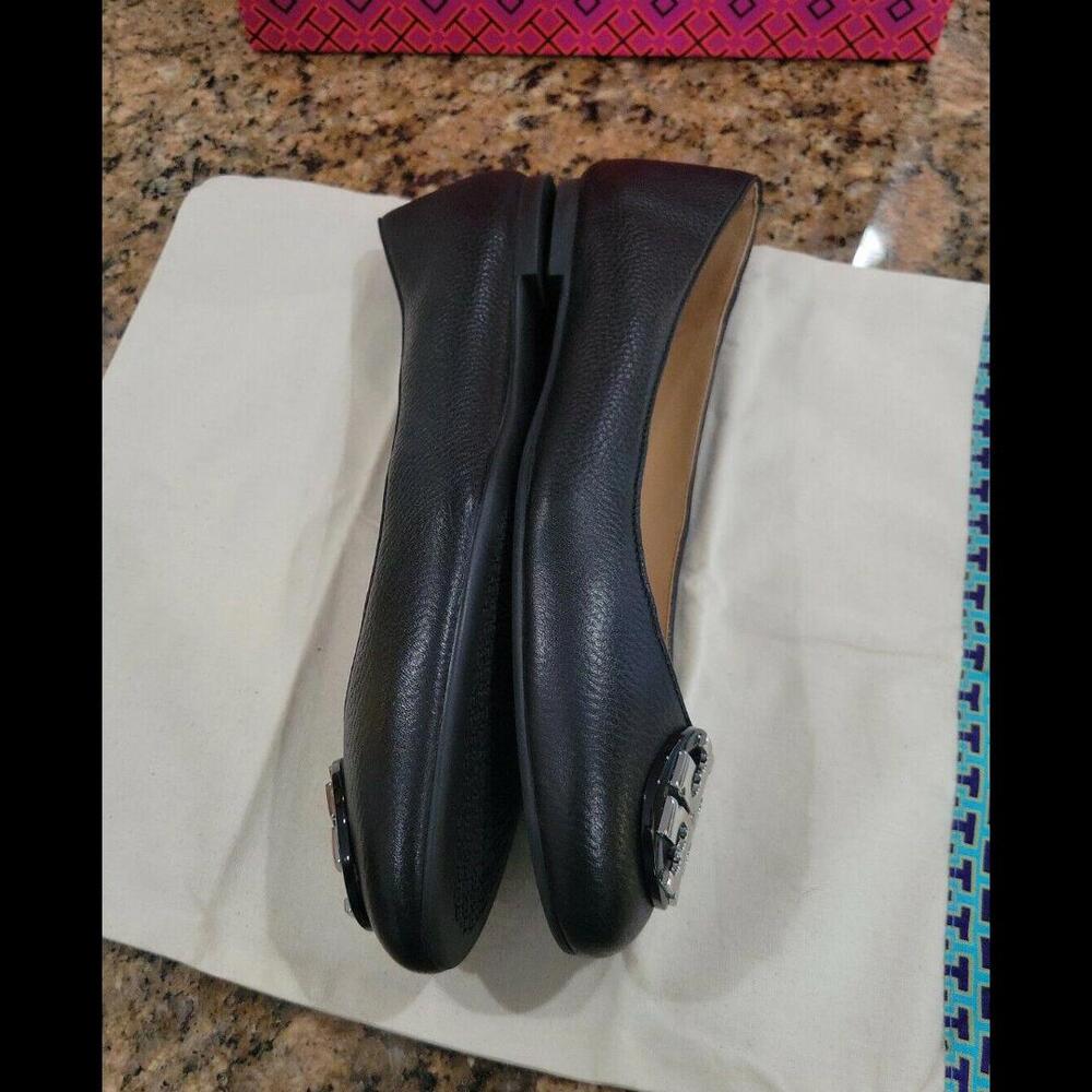 TORY BURCH Silver Logo Claire Black TUMBLED LEATHER BALLET Flat Womens Shoe 10.5 - Picture 7 of 12